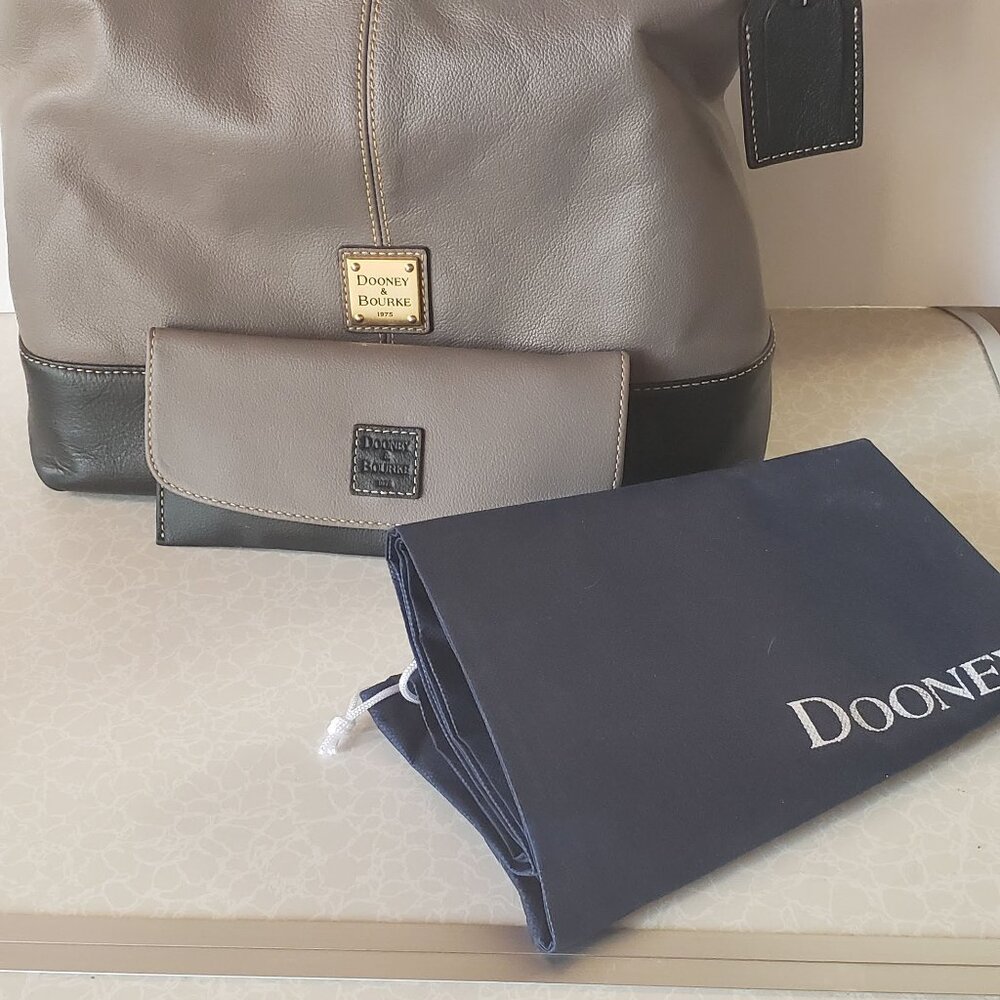 Dooney & Bourke Two Tone Gray And Black Leather Large Satchel Shoulder Bag